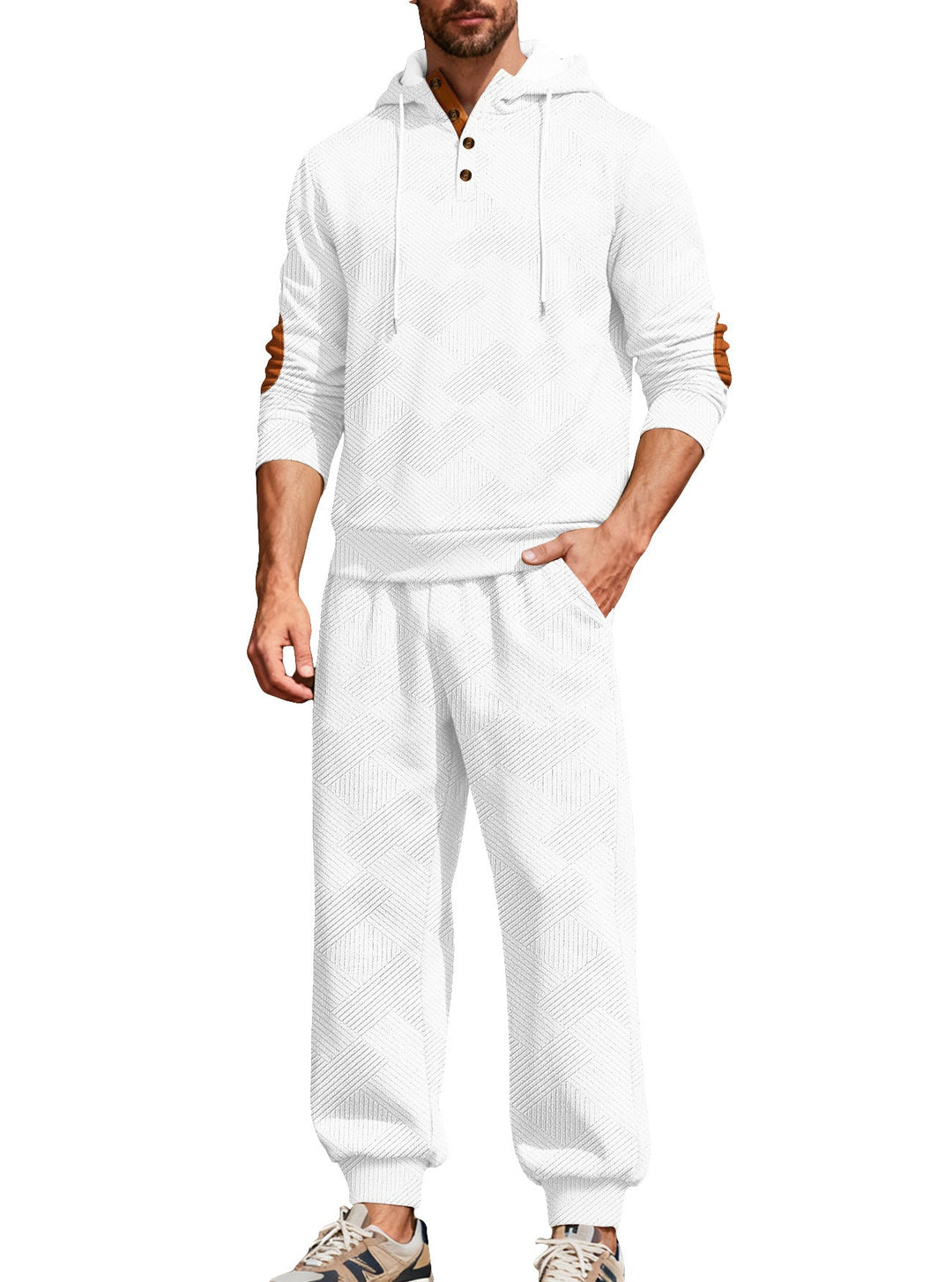 Herr Textured Luvtröja Jogging Set med Henley Knapplist och Contrast Elbow Lappar