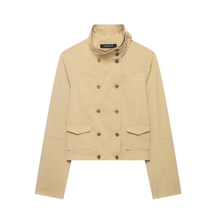 Dam Kort Double-Breasted Utility Blouson med Hög Standing Krage och Lock Fickor