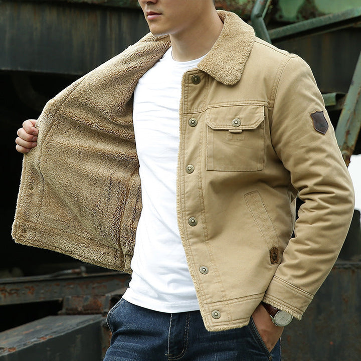 Herr Sherpa-Lined Canvas Trucker Jacka med Teddyfoder och Skjorta Krage