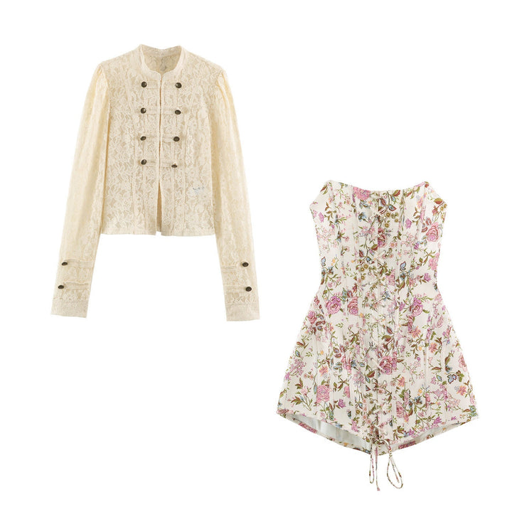 Dam Kort Jacka Tillverkad av Blommig Lace med Mandarin Krage och Dekorativ Straps