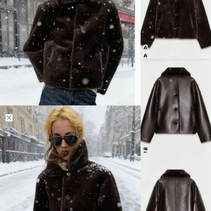 Dam Boxig Konstläder Jacka med Konstpäls Krage, Lambswool Imitation Foder och Knapp Stängning