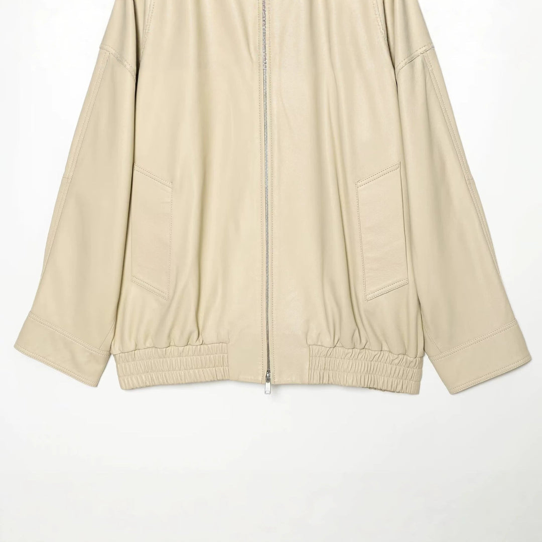 Dam Oversize Faux Läder Blouson Jacka med Stå Krage
