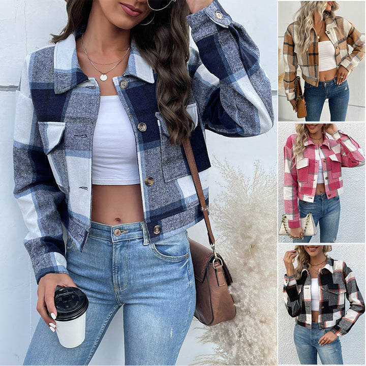 Dam Kort-Skärning Rutig Overshirt Jacka med Breast Flaps och Wooden Knappar