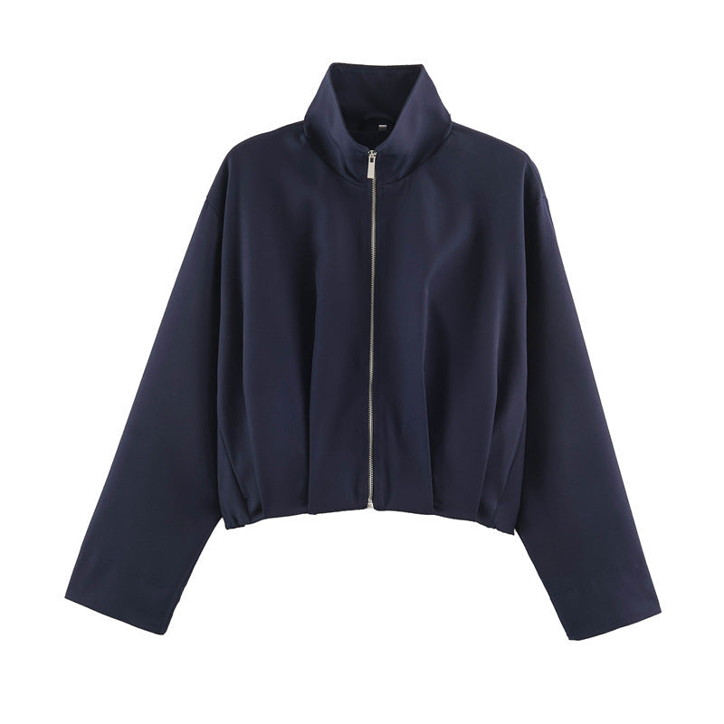 Dam Boxig-Kort Blouson Jacka med Hög Stå Krage och Fitted Elastic Waistband