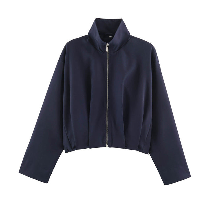 Dam Boxig-Kort Blouson Jacka med Hög Stå Krage och Fitted Elastic Waistband