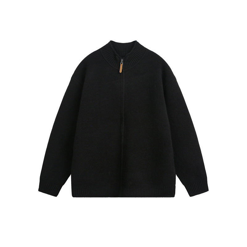 Unisex Stickad Dragkedja Jacka med Hög Ribbad Krage och Oversized Skärning