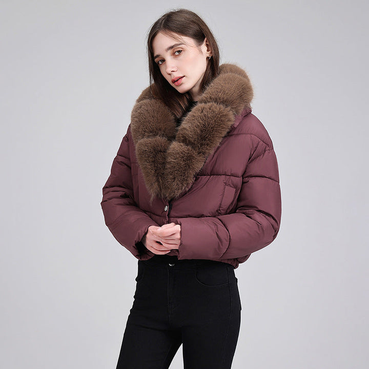Dam cropped isolation jacka med voluminous faux fur sjalkrage och elastisk fåll