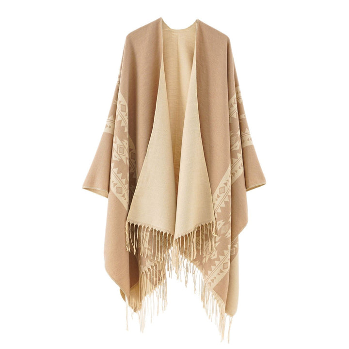 Dam Oversize poncho med Fringes och Jacquard mönster