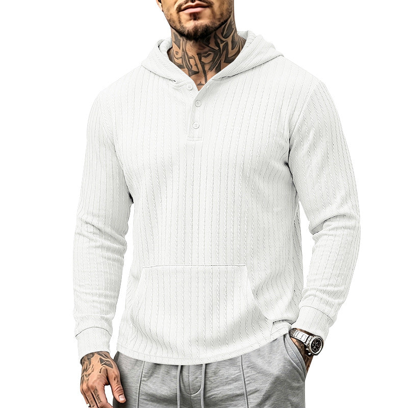 Herr med Huva Henley Pullover med Cable Stickad Structure, Känguruficka och Ribbstickade Muddar