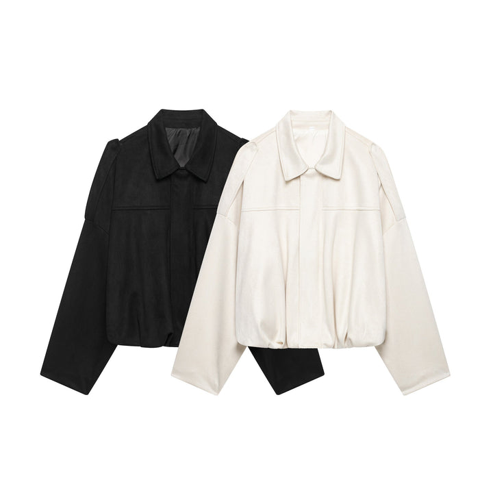 Dam Kort Boxig Jacka Tillverkad av Velour Look med Skjort Krage, Wide Raglan Ärmar och Drawstring