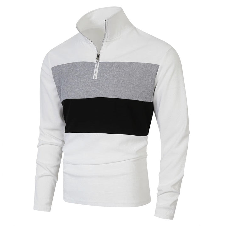 Herr Halv Dragkedja Pullover med Ståkrage, Bred Block Rand, och Finely Ribbad Texture
