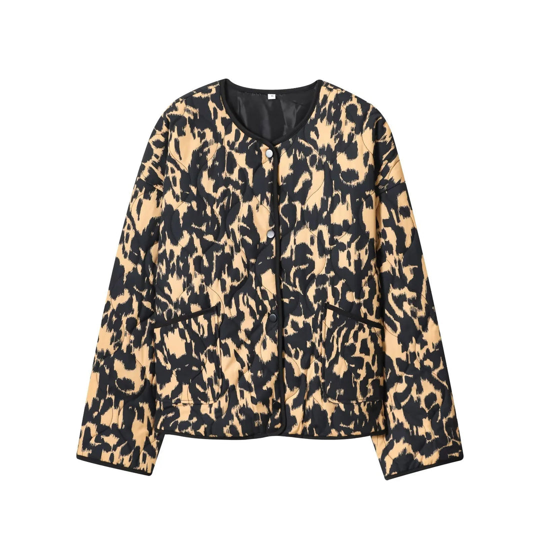 Dam non-quiltad kort jacka med djurprint, round neckline och snap knäppning