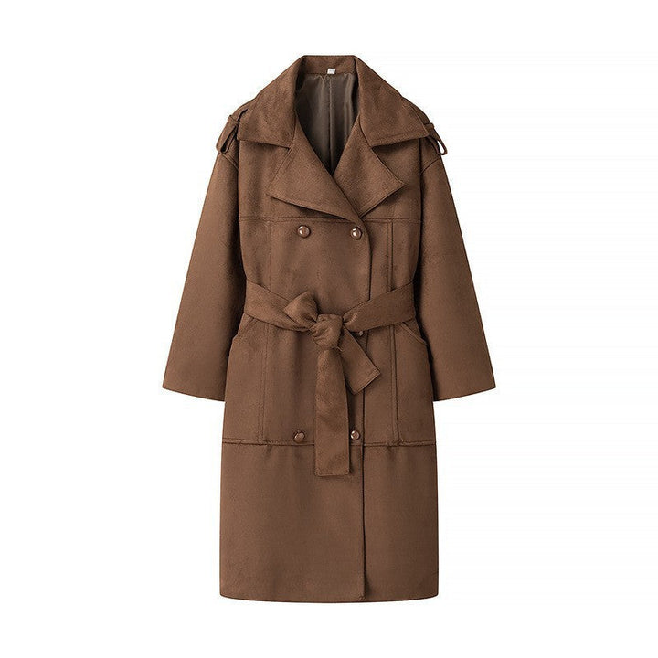 Dam Mid-length oversize trenchcoat gjord mocka look med double-breasted knappslå, shoulder epaulets och knytband
