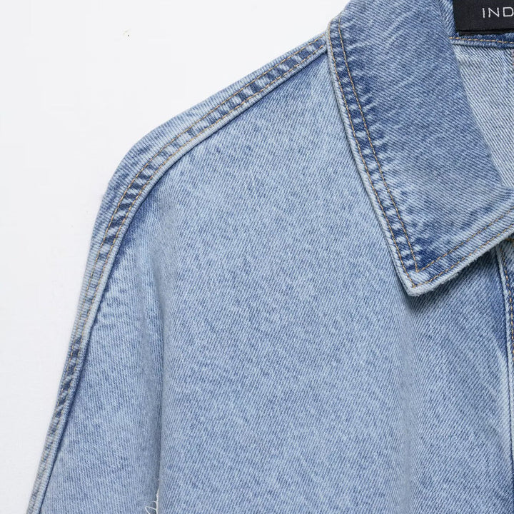 Dam Kort Skärning Oversize Denimjacka med Lace Detail och Batwing Ärmar