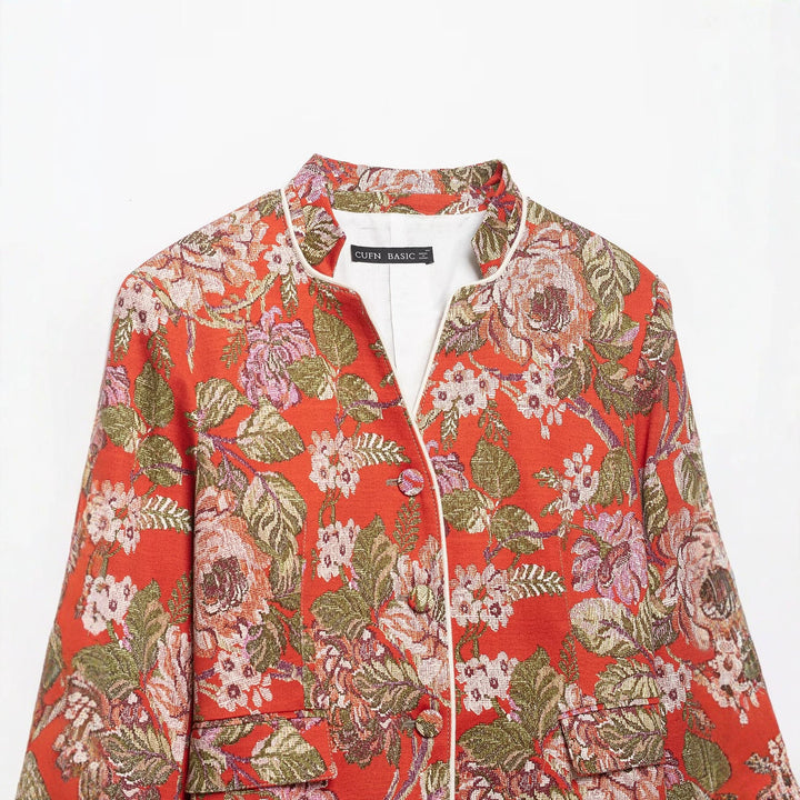 Dam Blommig Vävd Jacquard Bouclé Kort Jacka med Standing Krage
