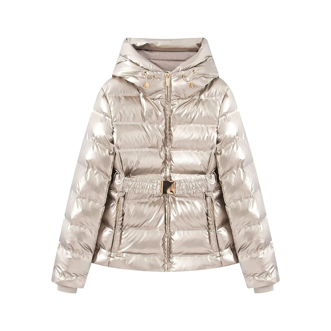 Dam quiltad glossy quiltad jacka med huva, vadderad värmefoder och elastic waistband