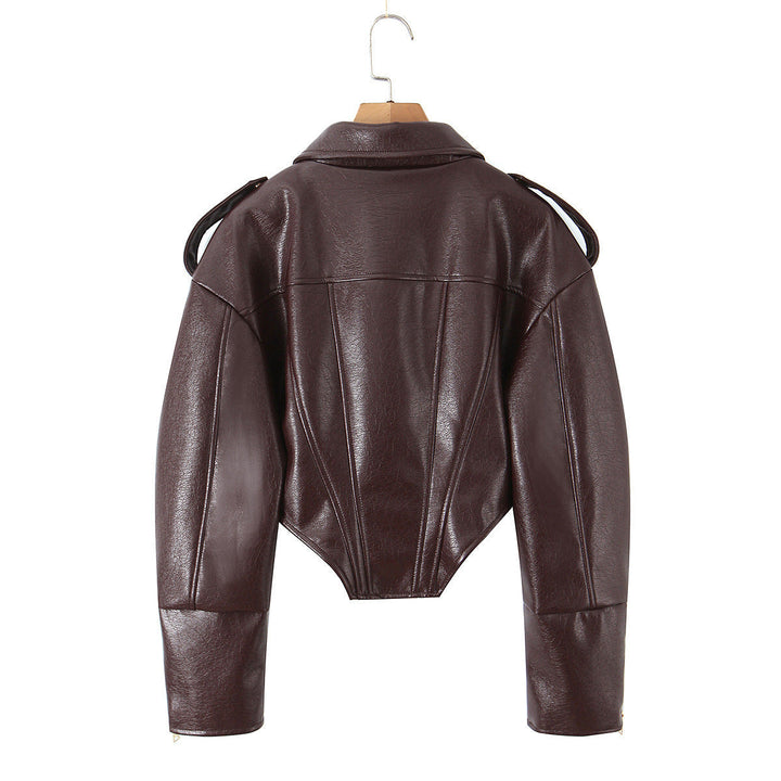 Dam Kort Läder Jacka med Fitted Corset Look, Shoulder Epaulets och Dragkedja