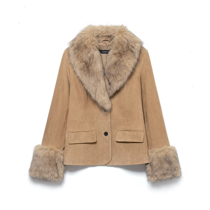 Dam Kort Mocka Jacka med Voluminous Fur Krage och Bred Fur Muddar