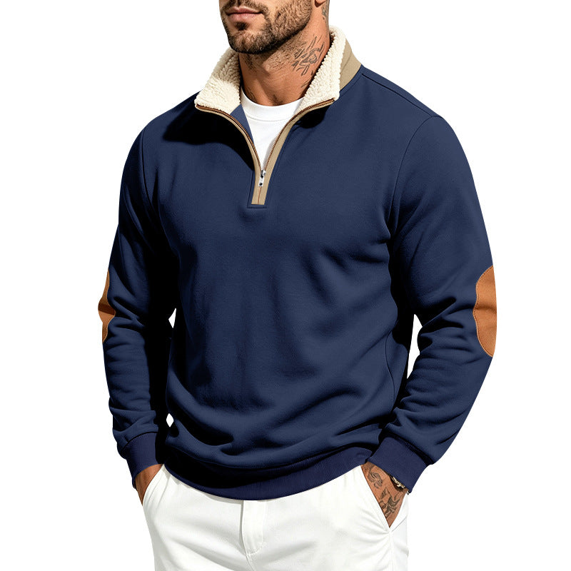 Herr Troyer Halv Dragkedja Pullover med Teddy Fleece Foder, Konstläder Elbow Lappar och Ståkrage
