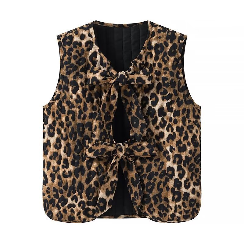 Dam ärmlös Leopard tryck väst med Ties och Textured Surface
