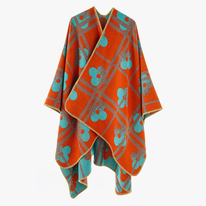 Dam Reversible Jacquard poncho tillverkad av ullblandning med floral check mönster och decorative piping seam