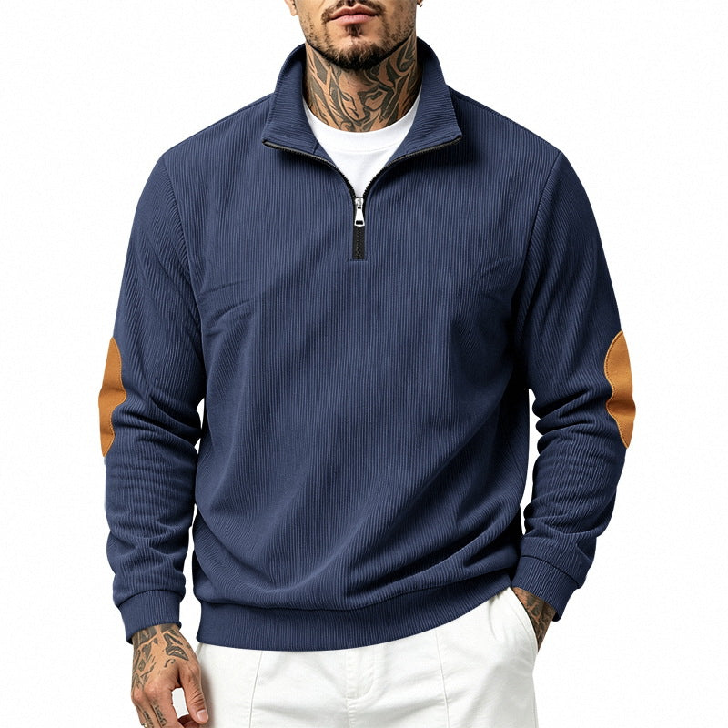 Herr Light Strukturerad Halv Dragkedja Pullover med Cord Elbow Lappar och Ståkrage
