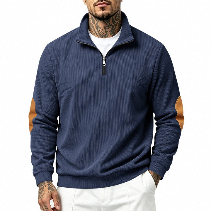 Herr Light Strukturerad Halv Dragkedja Pullover med Cord Elbow Lappar och Ståkrage