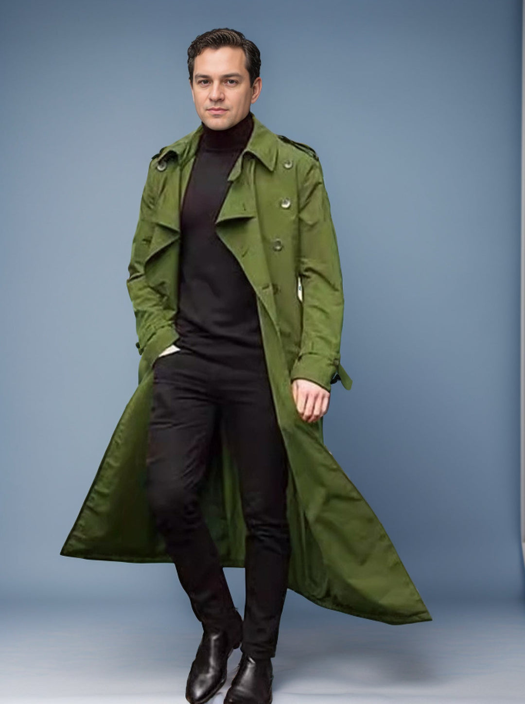 Herr Vattenavvisande Long Trenchcoat med Dubbel Knapplist, Axel Epaulettes, och Justerbar Midja Belt