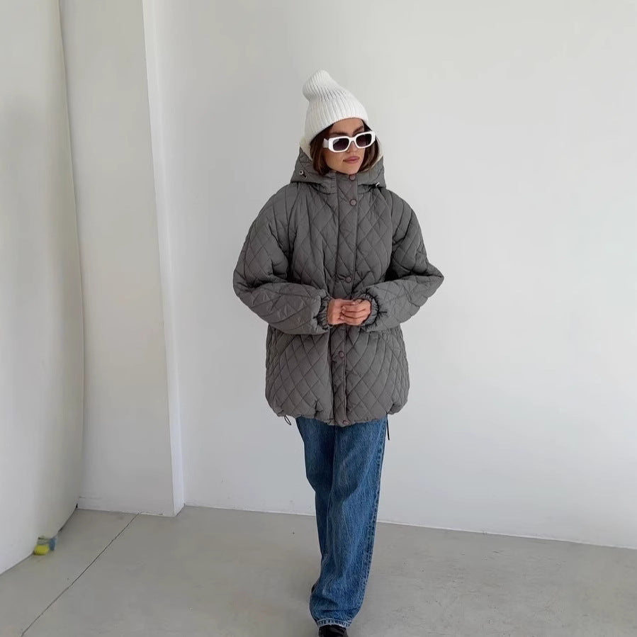 Dam oversize kviltad jacka med teddyfoder och huva