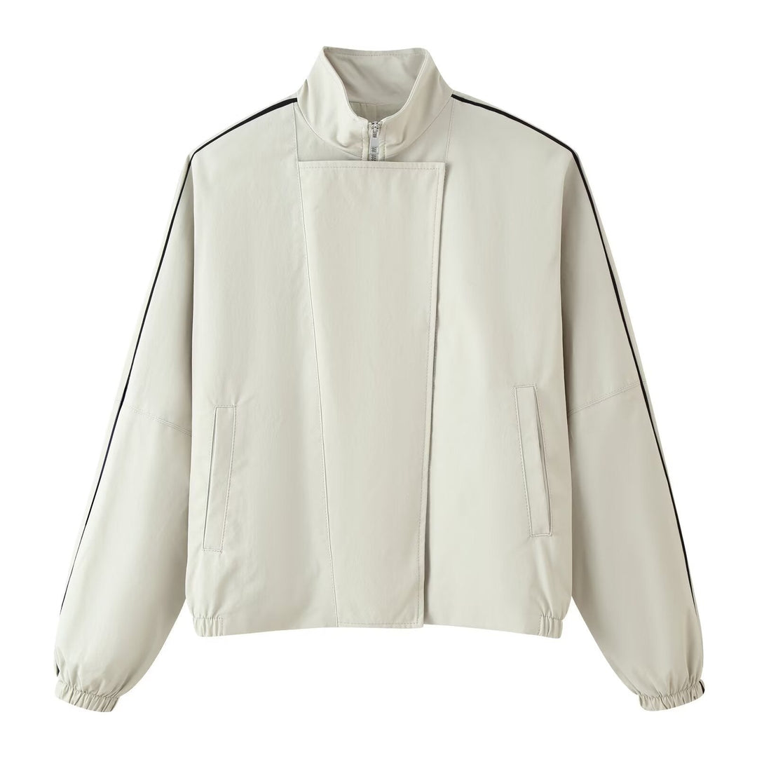 Dam Kort Windbreaker Tillverkad av Technical Material med Hög Stå Krage och Contrast Piping