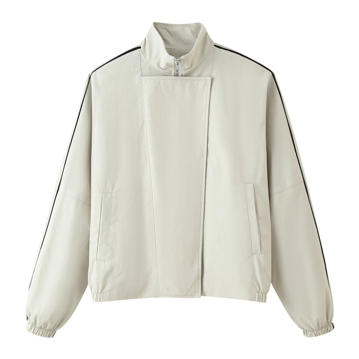Dam Kort Windbreaker Tillverkad av Technical Material med Hög Stå Krage och Contrast Piping