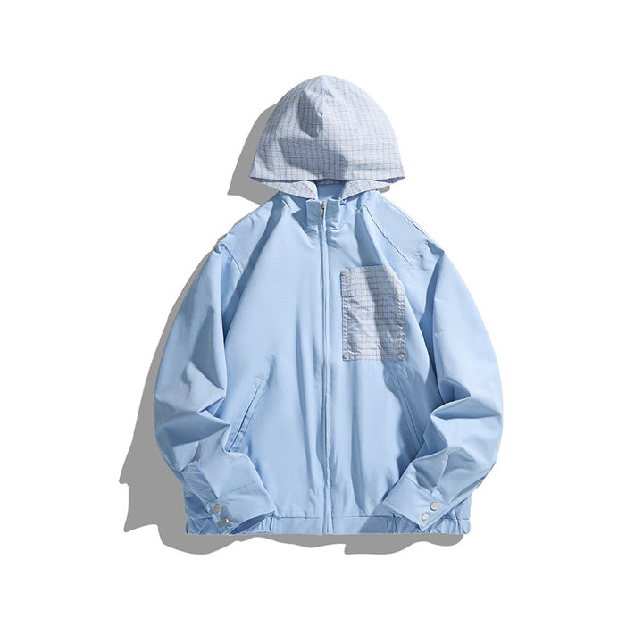 Unisex Light med Huva Övergångsjacka med Check Lapp Bröstficka och Elastic Fåll