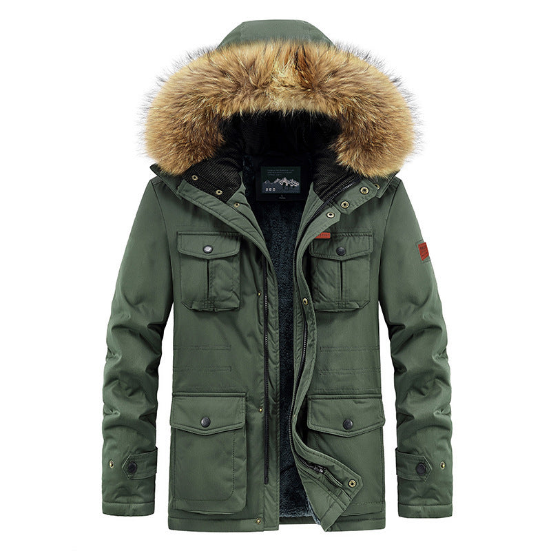 Herr Vinter Parka med Faux Fur Huva, Quiltad Termisk Foder, och Flera Fickor