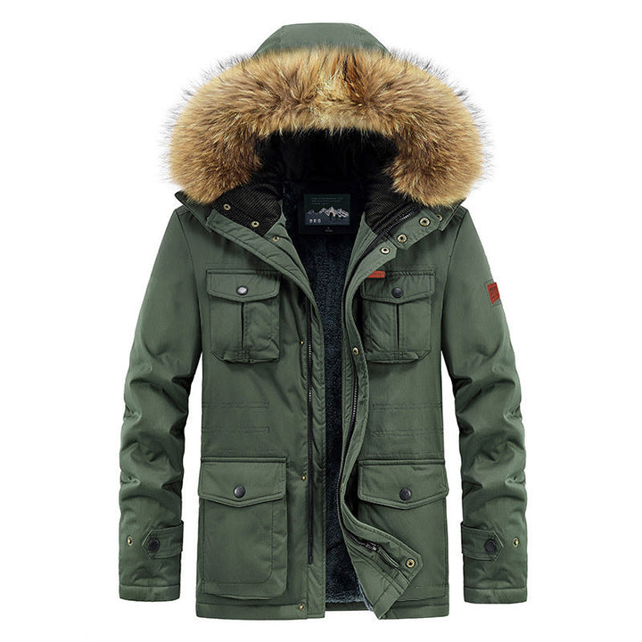 Herr Vinter Parka med Faux Fur Huva, Quiltad Termisk Foder, och Flera Fickor