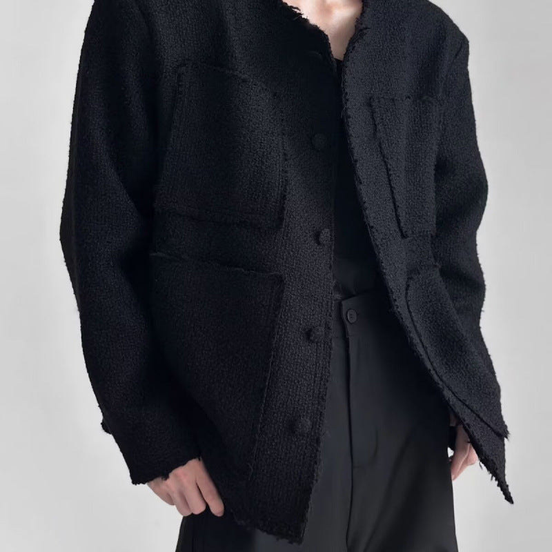 Dam oversize Boucle jacka utan krage med utanpåfickor och Raw Edge detaljer