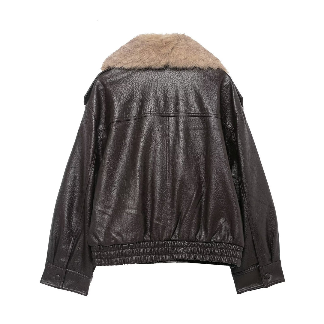 Dam kort läder jacka med voluminous Fur krage och midja Smock