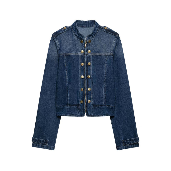Dam Kort Skärning Denimjacka i Military Stil med Stå Krage