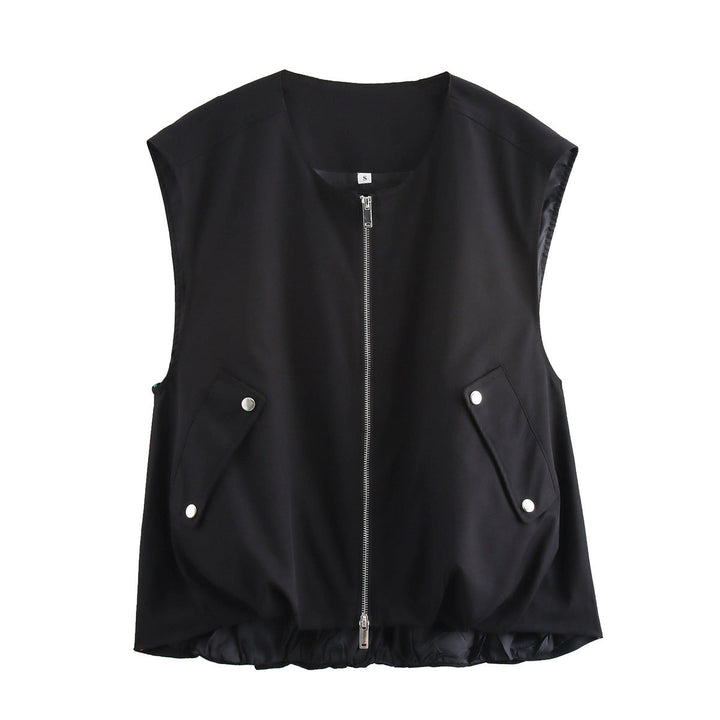 Dam figursydd sleeveless utilityväst med hel dragkedja, patch snap-button fickor, och elastisk fåll