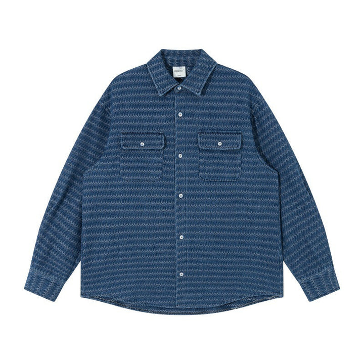 Unisex Strukturerad Bomull Overshirt Jacka med Zigzag Jacquard och Lapp Bröst Fickor