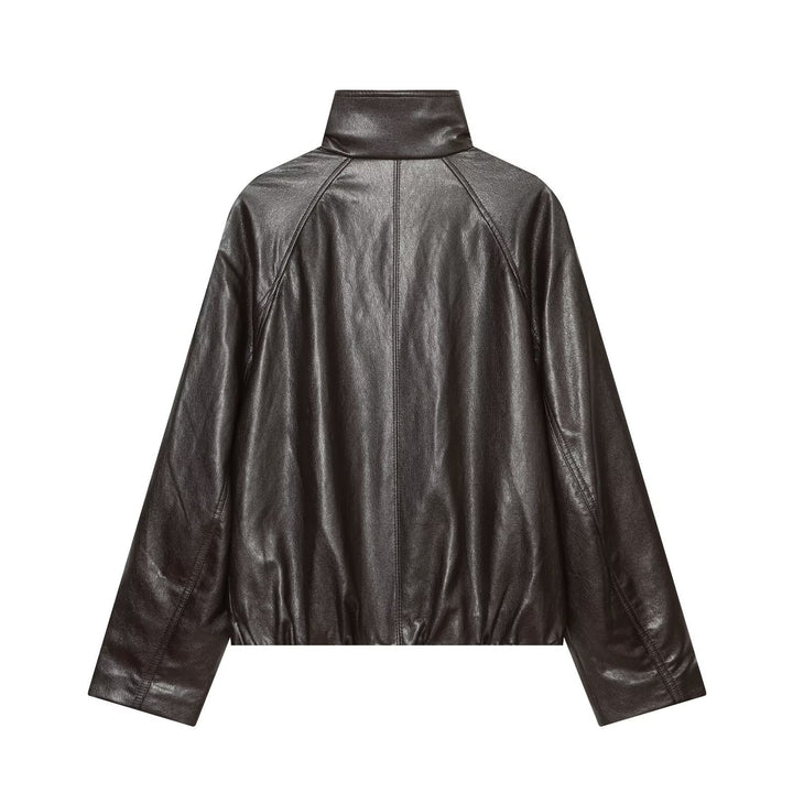 Dam Oversize Kort Jacka i Läderlook med Hög Standing Krage och Epaulettes