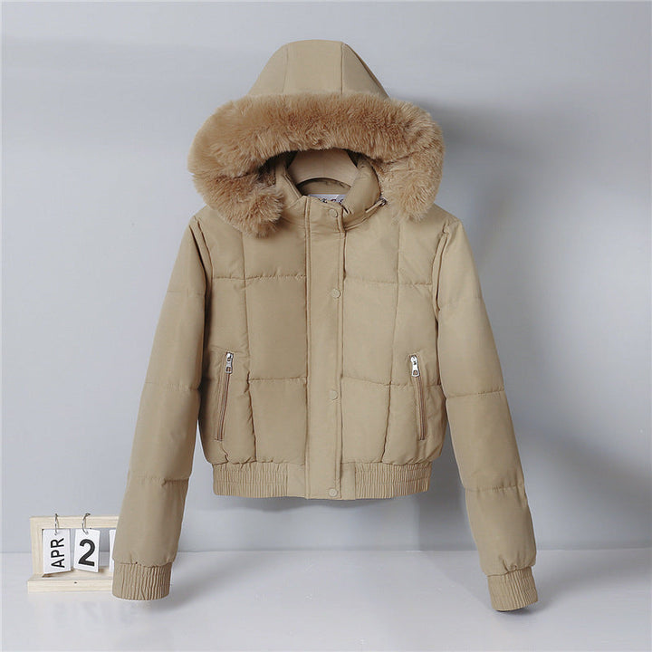 Dam kort isolerande hooded jacka med voluminous pälskrage kant och elastic ribbed fåll