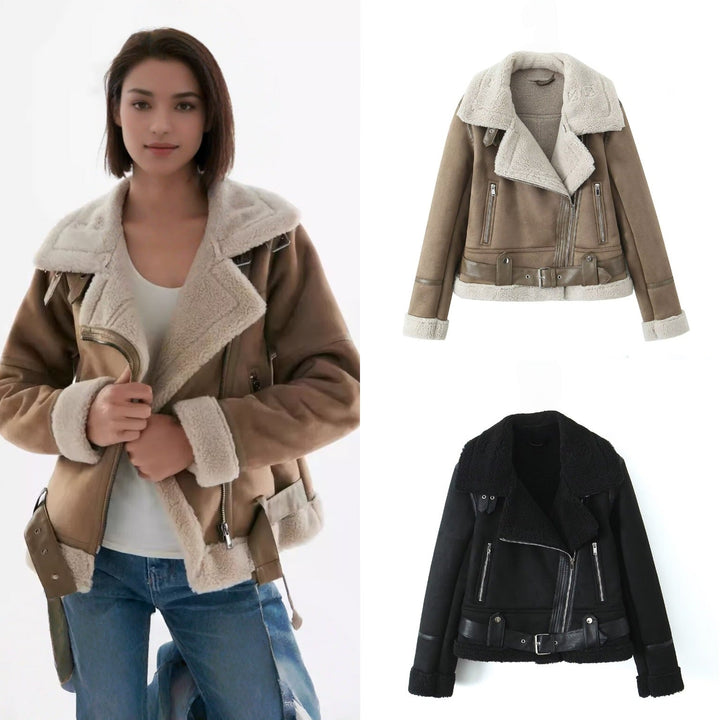 Dam Kort Skärning Lambskin Imitation Biker Jacka med Asymmetric Dragkedja, Bälte och Teddy Foder