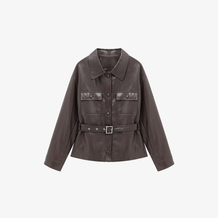 Dam läderjacka in oversize utility stil med midjebälte