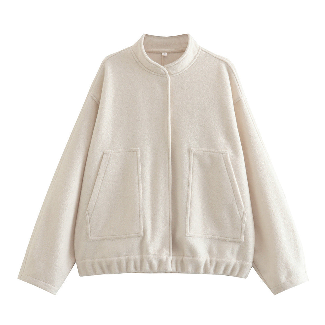 Dam Oversize Fleecejacka med Stå Krage, Patch Front Fickor, och Elastic Nederkant