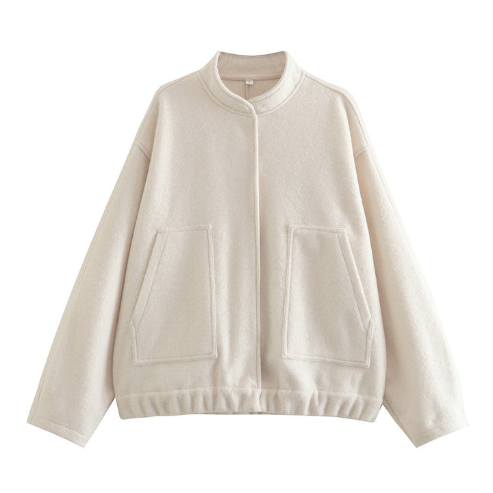 Dam Oversize Fleecejacka med Stå Krage, Patch Front Fickor, och Elastic Nederkant