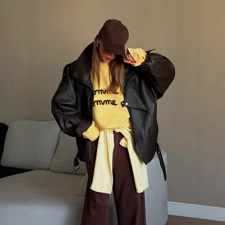 Dam oversize Läder Jacka
