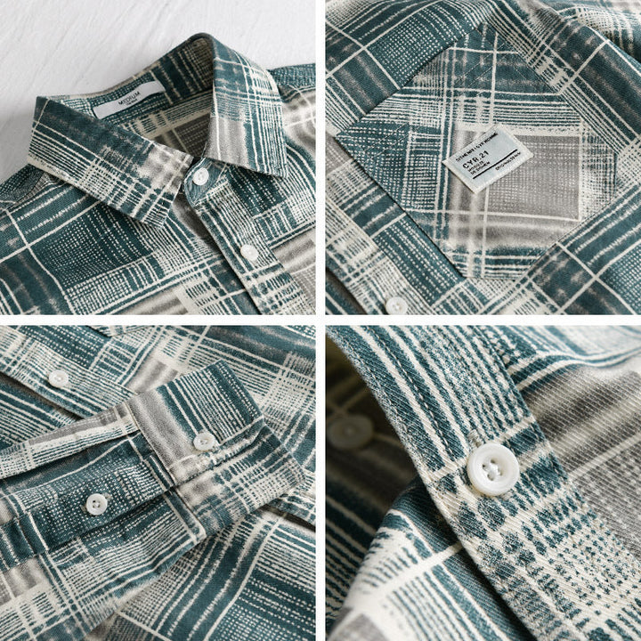 Herr Rutig Skjortjacka- Overshirt Tillverkad av Bomullsblandning med Strukturerad Weave och Bröstficka