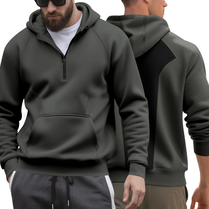 Herr Halv Dragkedja Luvtröja i Minimalistisk Softshell Look med Känguruficka och Raglanärmar