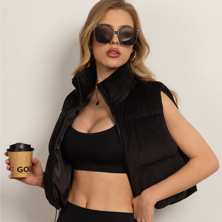 Dam non-vadderad manchester boxy väst med voluminous ståkrage och adjustable drawstring fåll