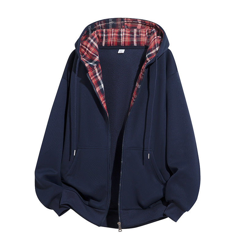 Herr Jacka med Huva med Teddy‑fleece‑Futter och Kariertem Kapuzeninnenfutter, Hel Dragkedja